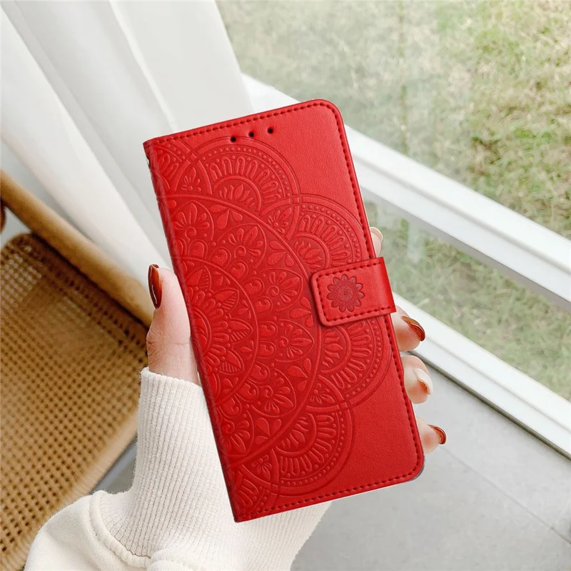 For iPhone 17 Pro Leather Case with Card Slots Mandala Pattern Phone Cover Stand - Red