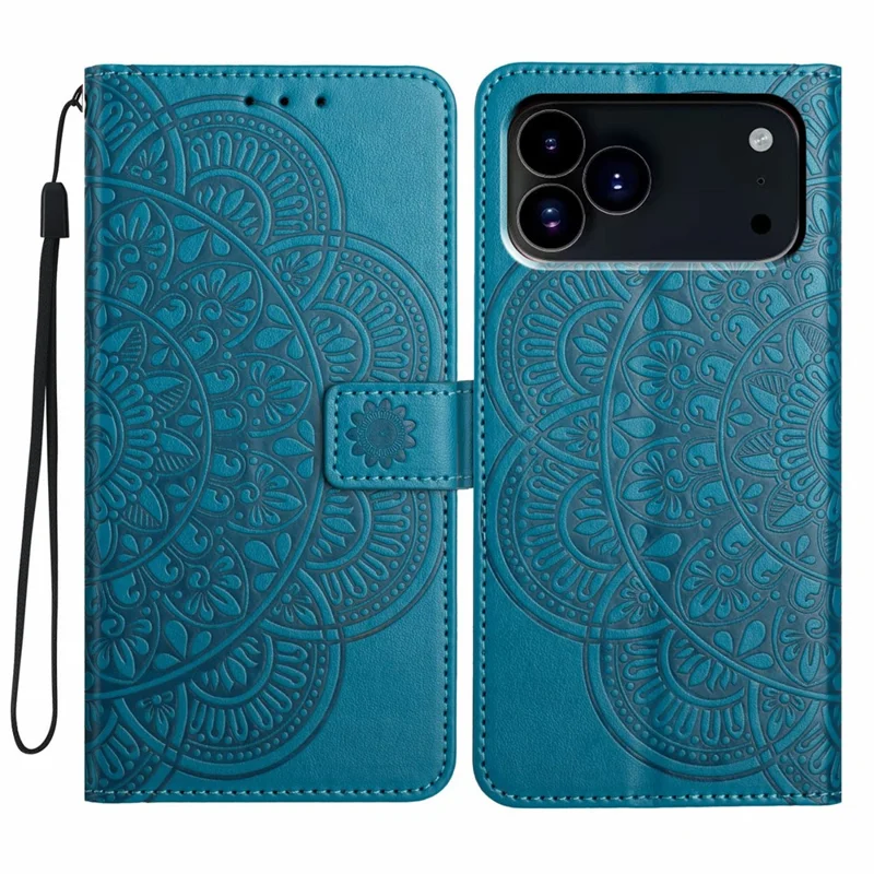 For iPhone 18 Pro / 17 Pro Leather Case with Card Slots Mandala Pattern Phone Cover Stand - Blue