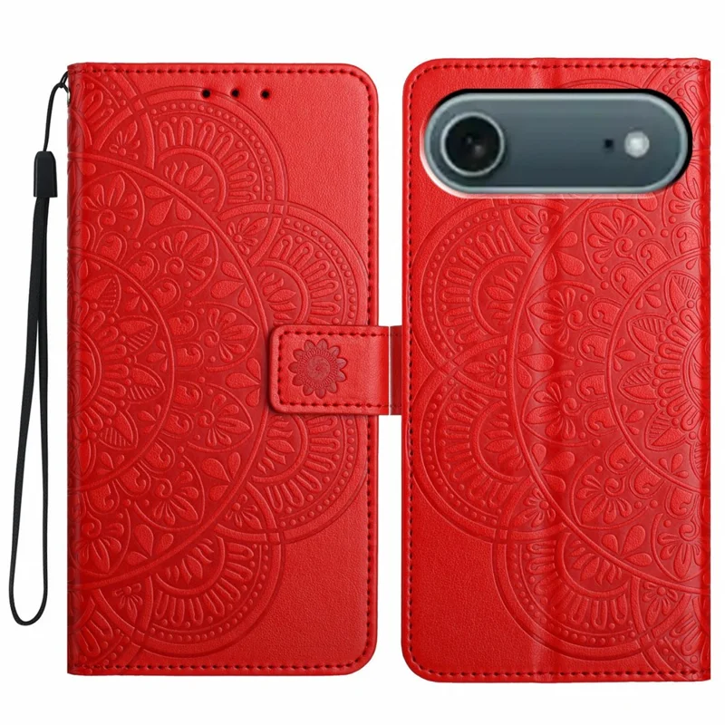 For iPhone Air Leather Case with Strap / Card Slots Mandala Pattern Stand Phone Cover - Red