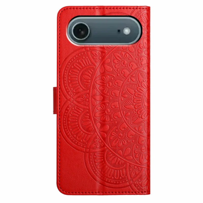 For iPhone Air Leather Case with Strap / Card Slots Mandala Pattern Stand Phone Cover - Red