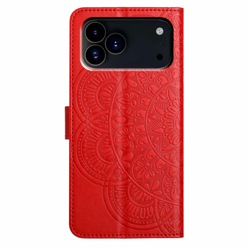 For iPhone 17 Pro Max Leather Case with Card Slots Mandala Pattern Phone Cover Stand - Red