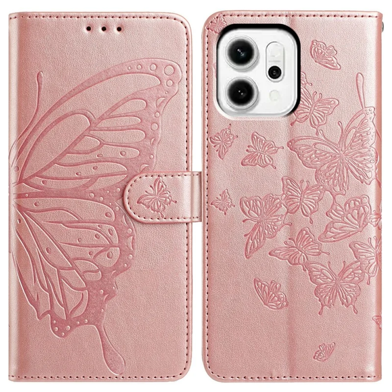 For Oppo Reno14 5G (Global) Case Butterfly Imprinted Wallet Stand PU Leather Flip Phone Cover with Strap - Rose Gold