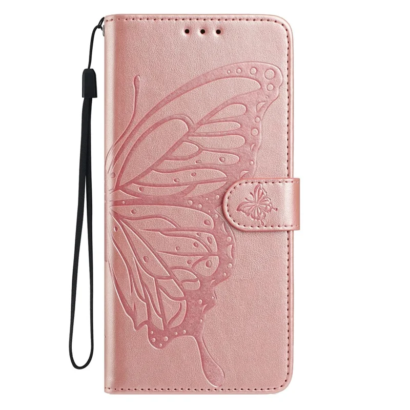For Oppo Reno14 5G (Global) Case Butterfly Imprinted Wallet Stand PU Leather Flip Phone Cover with Strap - Rose Gold
