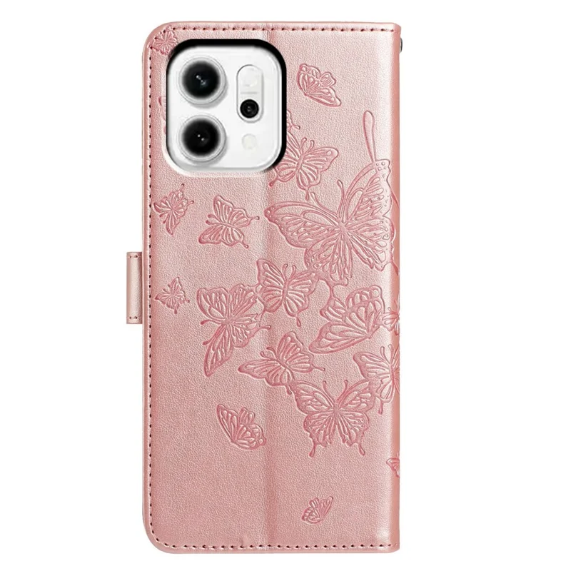 For Oppo Reno14 5G (Global) Case Butterfly Imprinted Wallet Stand PU Leather Flip Phone Cover with Strap - Rose Gold