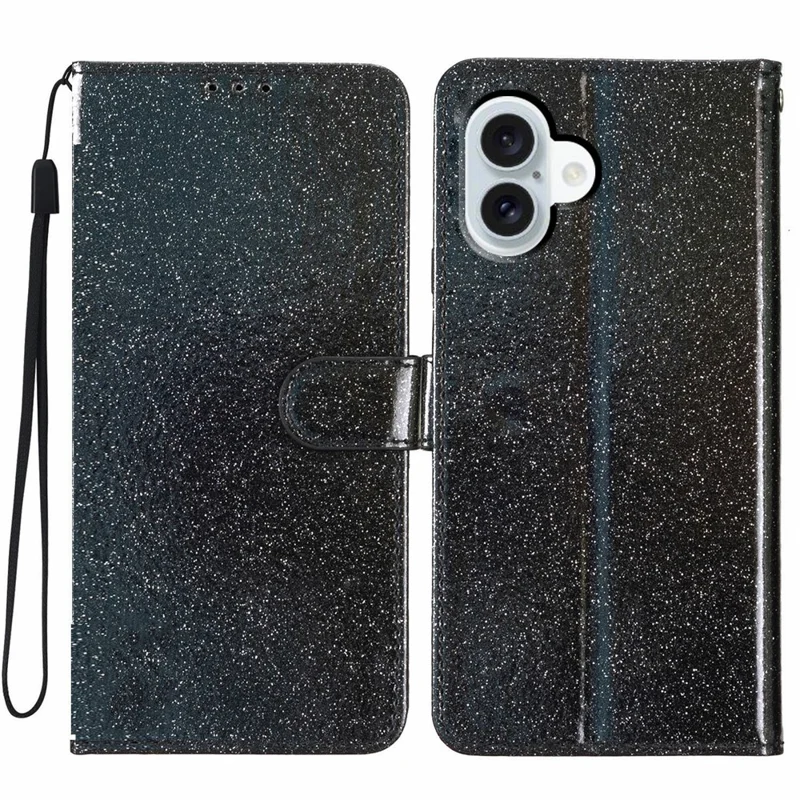 For iPhone 17 Wallet Case Glitter Anti-Scratch Leather Stand Phone Cover with Strap - Black