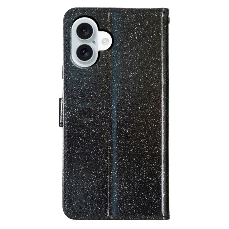 For iPhone 17 Wallet Case Glitter Anti-Scratch Leather Stand Phone Cover with Strap - Black