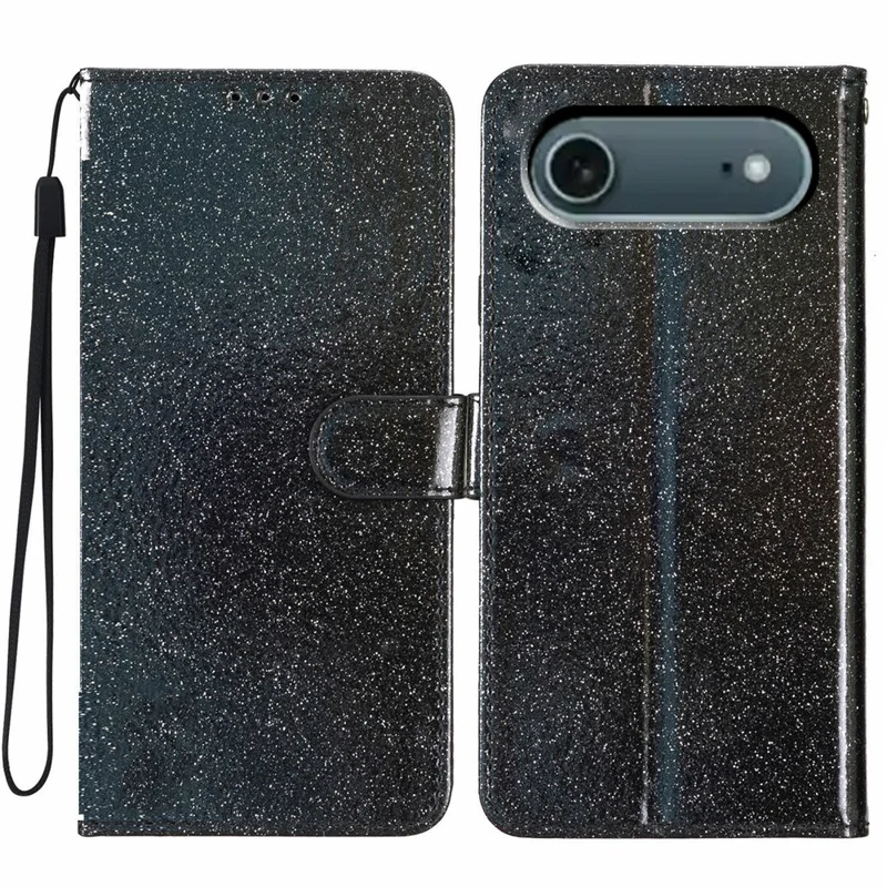 For iPhone Air Wallet Case Glitter Anti-Scratch Leather Stand Phone Cover with Strap - Black