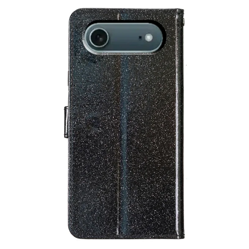 For iPhone Air Wallet Case Glitter Anti-Scratch Leather Stand Phone Cover with Strap - Black