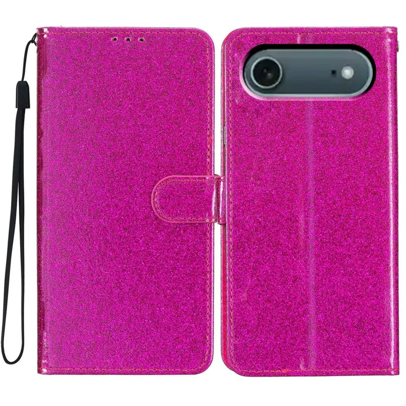 For iPhone 17 Air Wallet Case Glitter Anti-Scratch Leather Stand Phone Cover with Strap - Rose