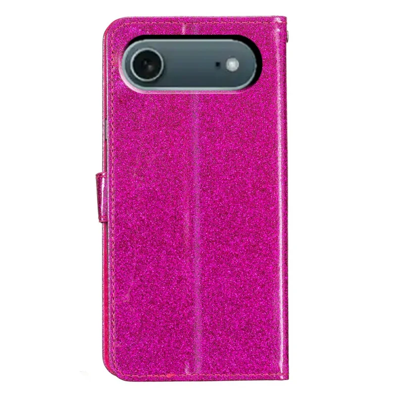 For iPhone 17 Air Wallet Case Glitter Anti-Scratch Leather Stand Phone Cover with Strap - Rose