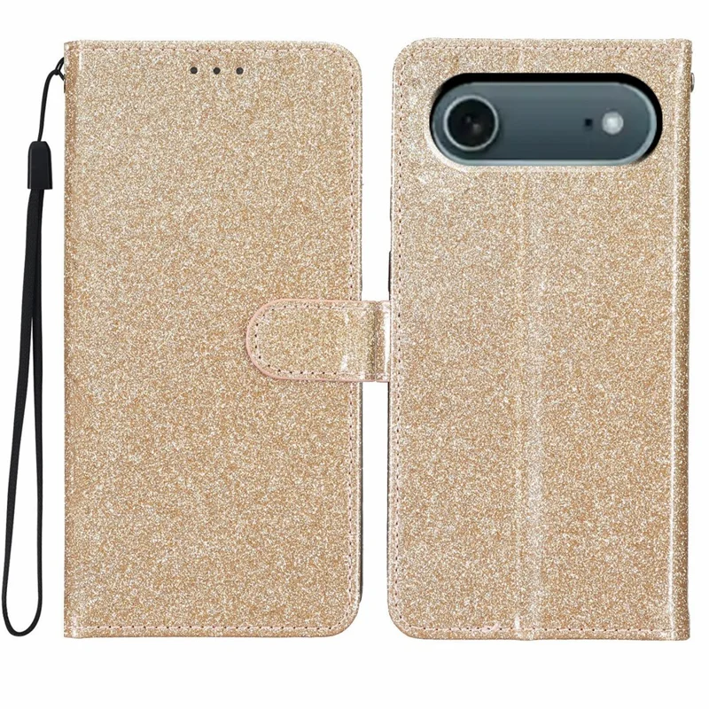 For iPhone 17 Air Wallet Case Glitter Anti-Scratch Leather Stand Phone Cover with Strap - Gold