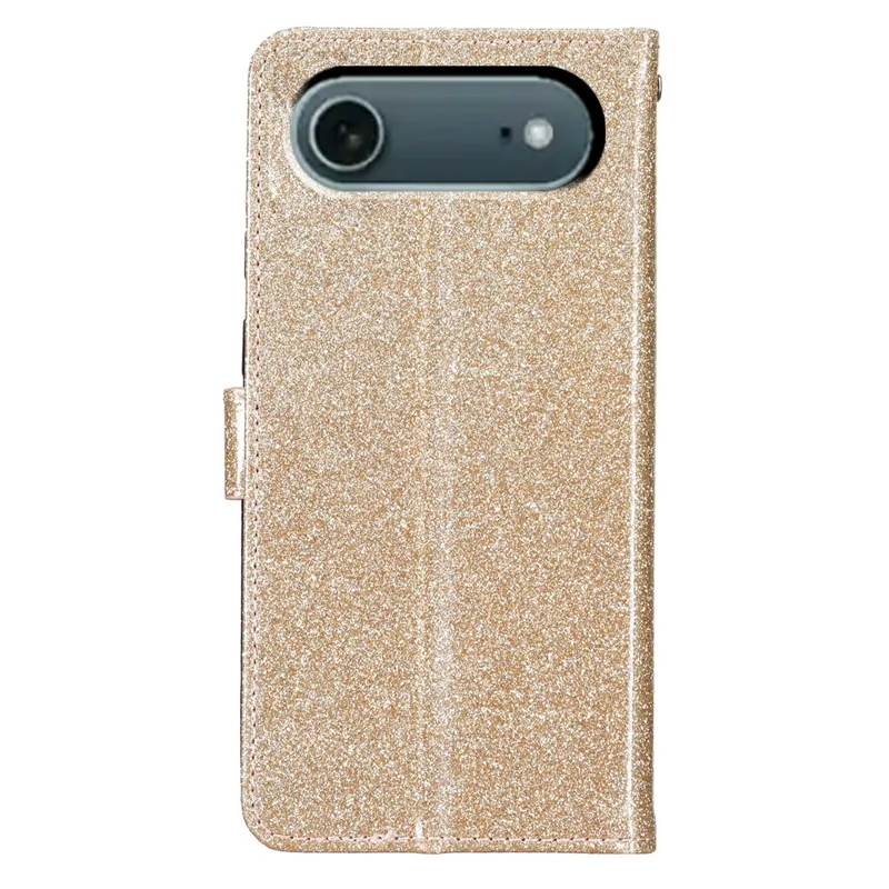 For iPhone 17 Air Wallet Case Glitter Anti-Scratch Leather Stand Phone Cover with Strap - Gold