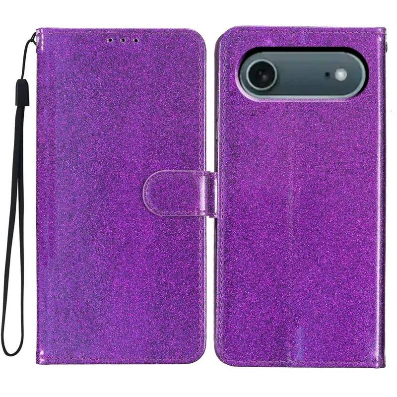 For iPhone 17 Air Wallet Case Glitter Anti-Scratch Leather Stand Phone Cover with Strap - Purple