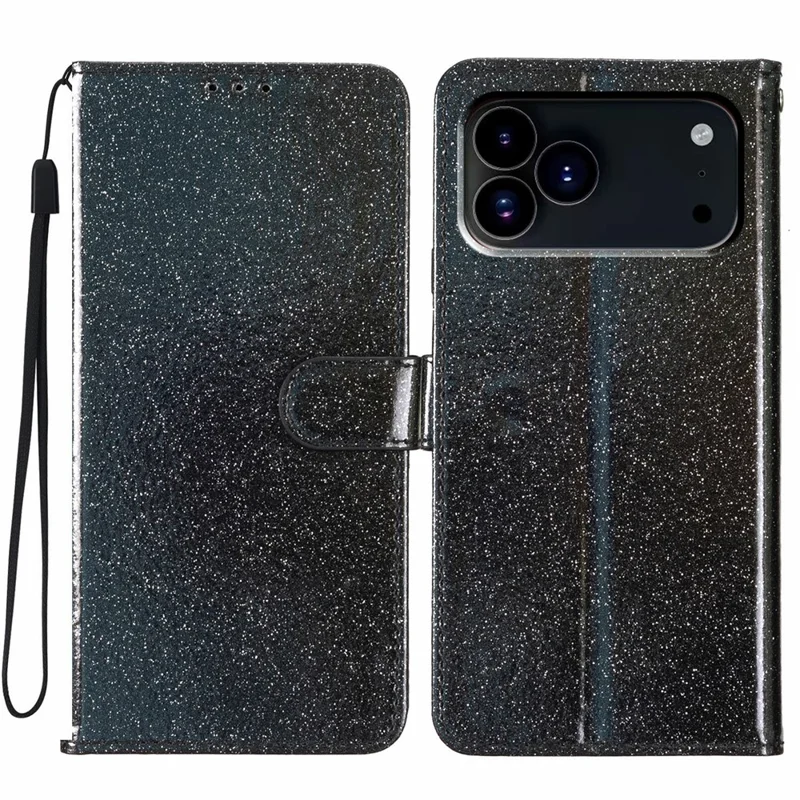 Capa de carteira para iPhone 17 Pro Max com brilho, anti-arranhões, de couro, com suporte e alça - Preto