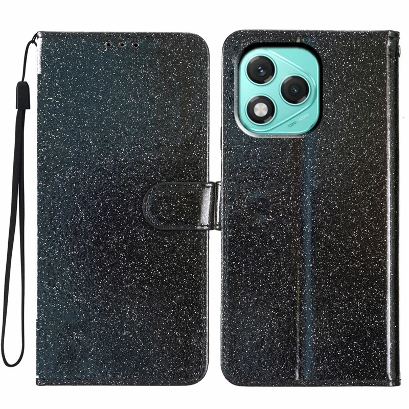 For Honor 400 Lite 5G Wallet Case Glitter Anti-Scratch Leather Stand Phone Cover with Strap - Black