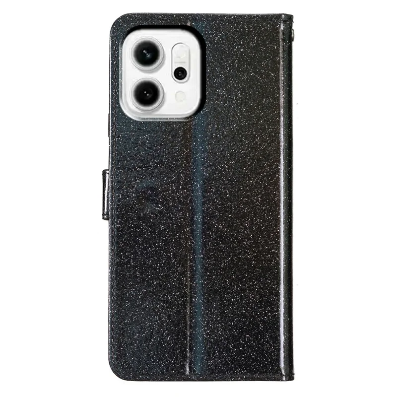 For Oppo Reno14 5G (Global) Wallet Case Glitter Anti-Scratch Leather Stand Phone Cover with Strap - Black