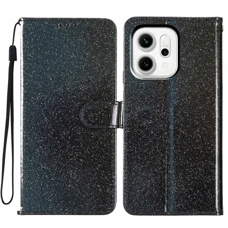 For Oppo Reno14 Pro 5G (Global) Wallet Case Glitter Anti-Scratch Leather Stand Phone Cover with Strap - Black