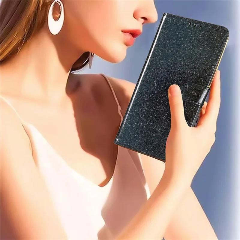 For Oppo Reno14 Pro 5G (Global) Wallet Case Glitter Anti-Scratch Leather Stand Phone Cover with Strap - Black