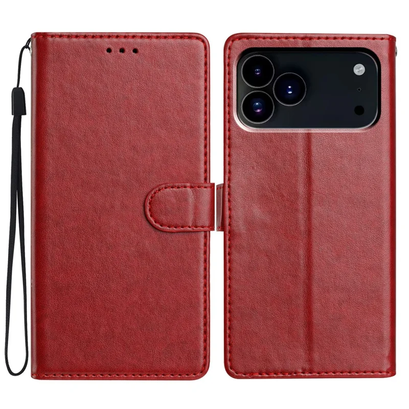 For iPhone 17 Pro Leather Case Wallet Stand Phone Cover with Handy Strap - Red