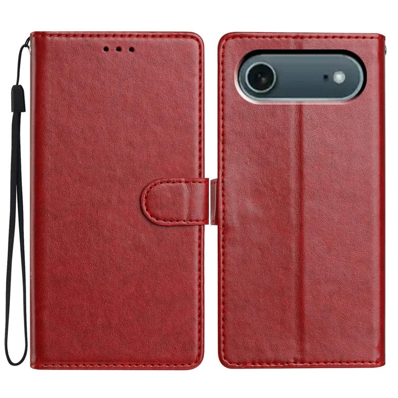 For iPhone Air Leather Case Wallet Stand Phone Cover with Handy Strap - Red