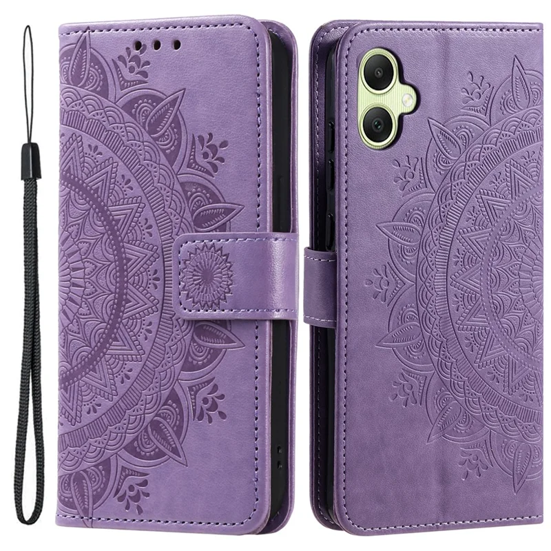 Capa de Carteira para Samsung Galaxy A07 com Suporte, Estampada com Totem em Couro PU, com Alça de Pulso - Roxa
