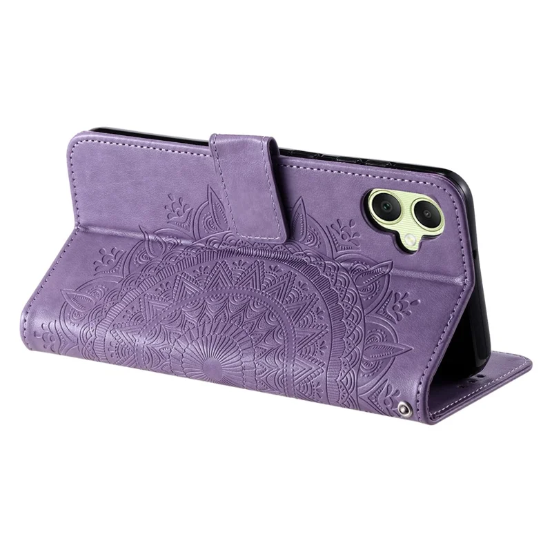 Capa de Carteira para Samsung Galaxy A07 com Suporte, Estampada com Totem em Couro PU, com Alça de Pulso - Roxa