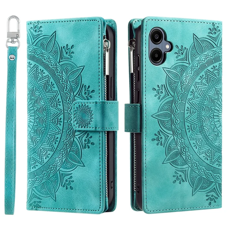 For Samsung Galaxy A07 Wallet Case Mandala Flower Pattern PU Leather Phone Cover with Wrist Strap - Mint Green