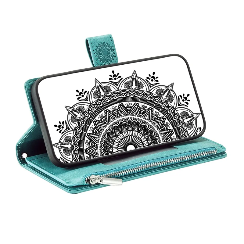 For Samsung Galaxy A07 Wallet Case Mandala Flower Pattern PU Leather Phone Cover with Wrist Strap - Mint Green