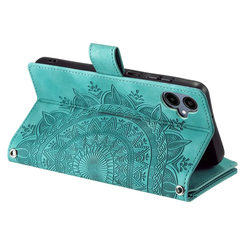 For Samsung Galaxy A07 Wallet Case Mandala Flower Pattern PU Leather Phone Cover with Wrist Strap - Mint Green