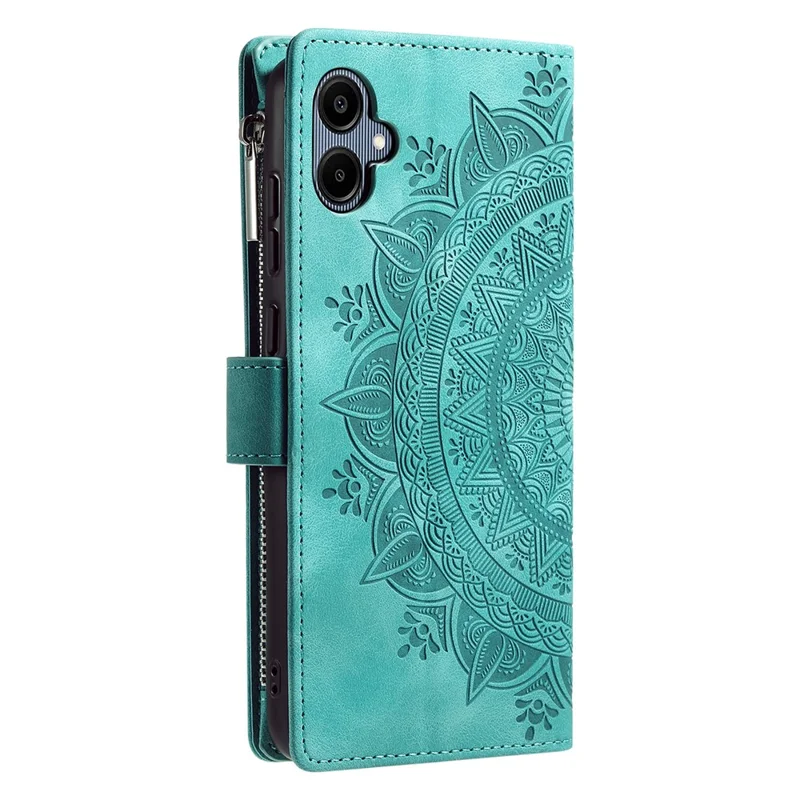 For Samsung Galaxy A07 Wallet Case Mandala Flower Pattern PU Leather Phone Cover with Wrist Strap - Mint Green