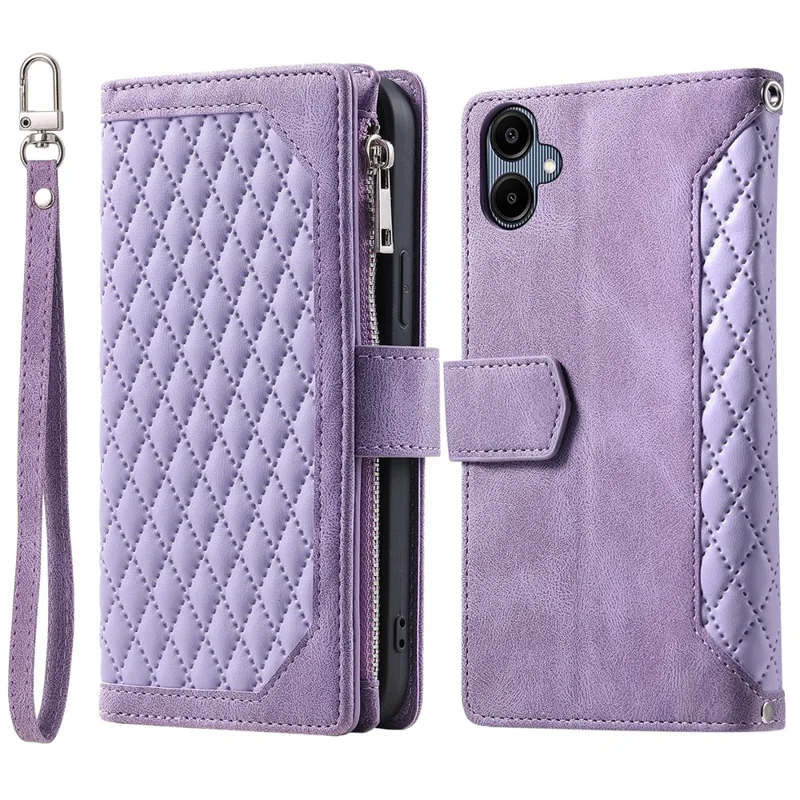 Cover a portafoglio per Samsung Galaxy A07 con linea di cucitura a rombi in pelle PU e cinturino da polso - Viola