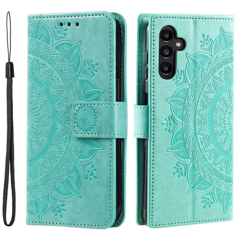 For Samsung Galaxy A17 5G Stand Case Imprinted Totem PU Leather Wallet Phone Cover with Wrist Strap - Mint Green