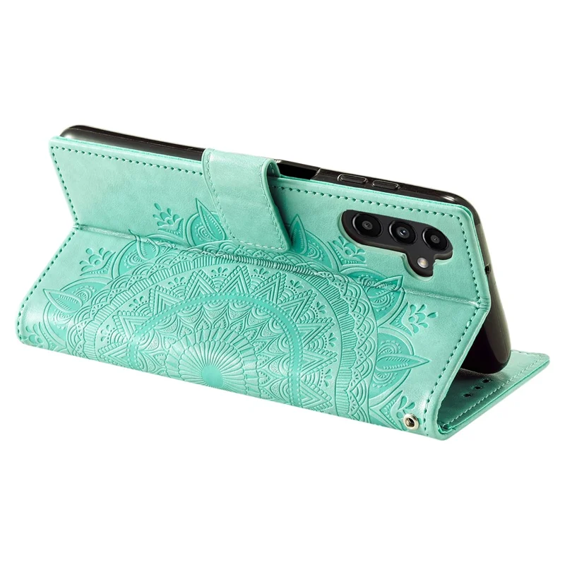 For Samsung Galaxy A17 5G Stand Case Imprinted Totem PU Leather Wallet Phone Cover with Wrist Strap - Mint Green