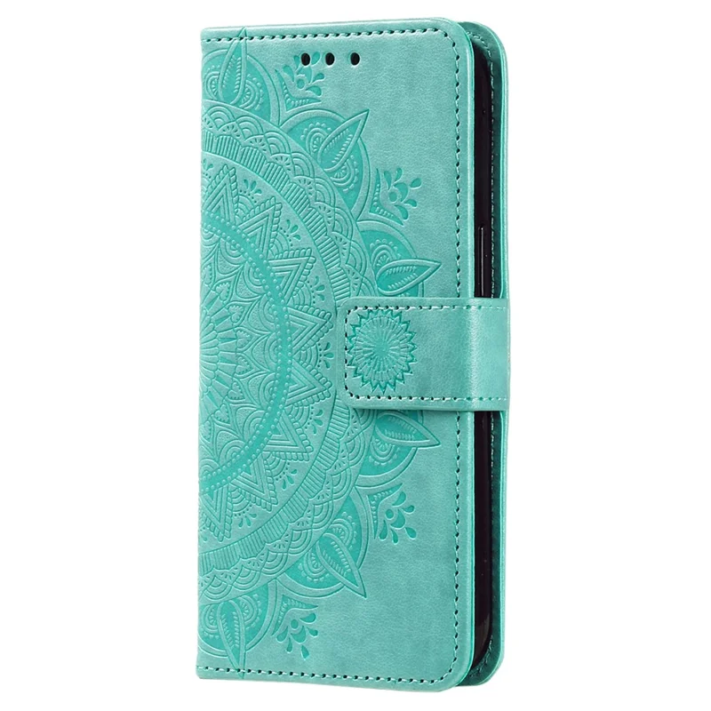 For Samsung Galaxy A17 5G Stand Case Imprinted Totem PU Leather Wallet Phone Cover with Wrist Strap - Mint Green