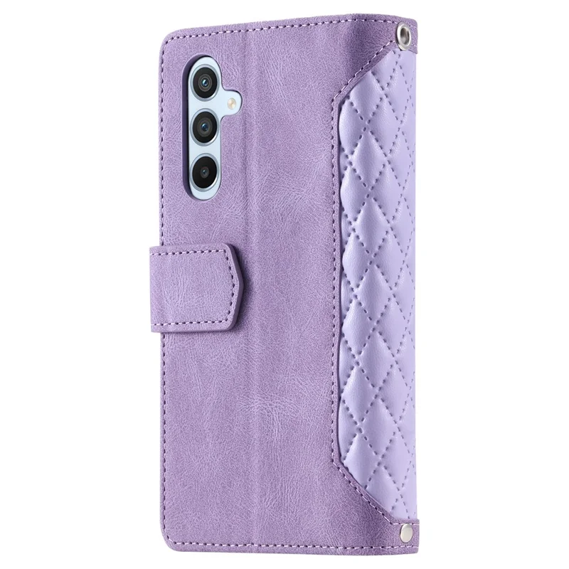 For Samsung Galaxy A17 5G Wallet Case Rhombus Stitching Line PU Leather Phone Cover with Wrist Strap - Purple