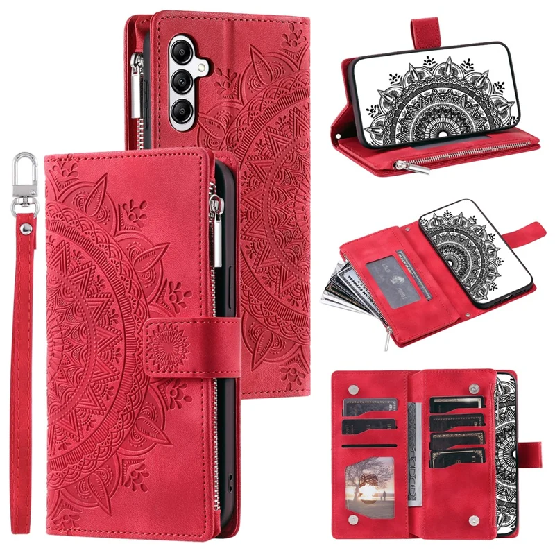 For Samsung Galaxy A17 5G / A17 4G / A26 5G Wallet Case Mandala Flower Pattern PU Leather Phone Cover with Wrist Strap - Red