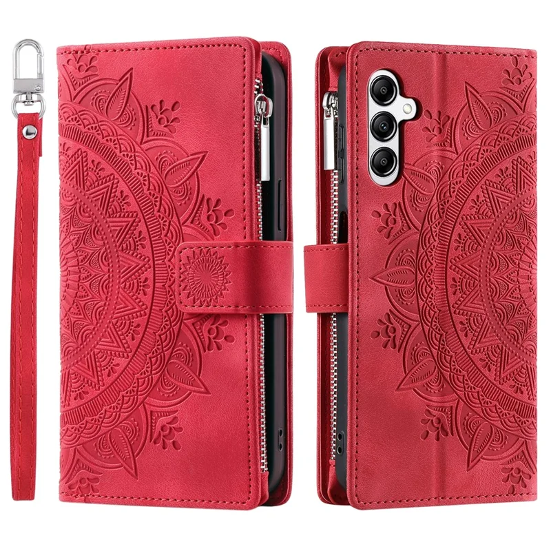 For Samsung Galaxy A17 5G / A17 4G / A26 5G Wallet Case Mandala Flower Pattern PU Leather Phone Cover with Wrist Strap - Red