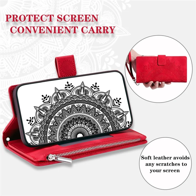 For Samsung Galaxy A17 5G / A17 4G / A26 5G Wallet Case Mandala Flower Pattern PU Leather Phone Cover with Wrist Strap - Red