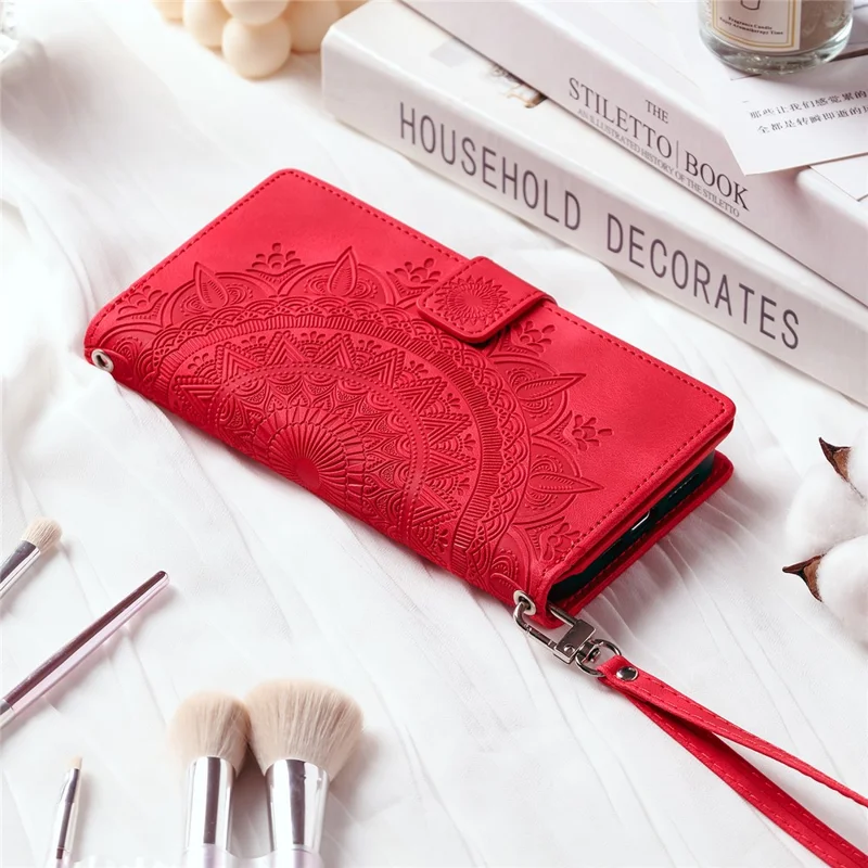 For Samsung Galaxy A17 5G / A17 4G / A26 5G Wallet Case Mandala Flower Pattern PU Leather Phone Cover with Wrist Strap - Red