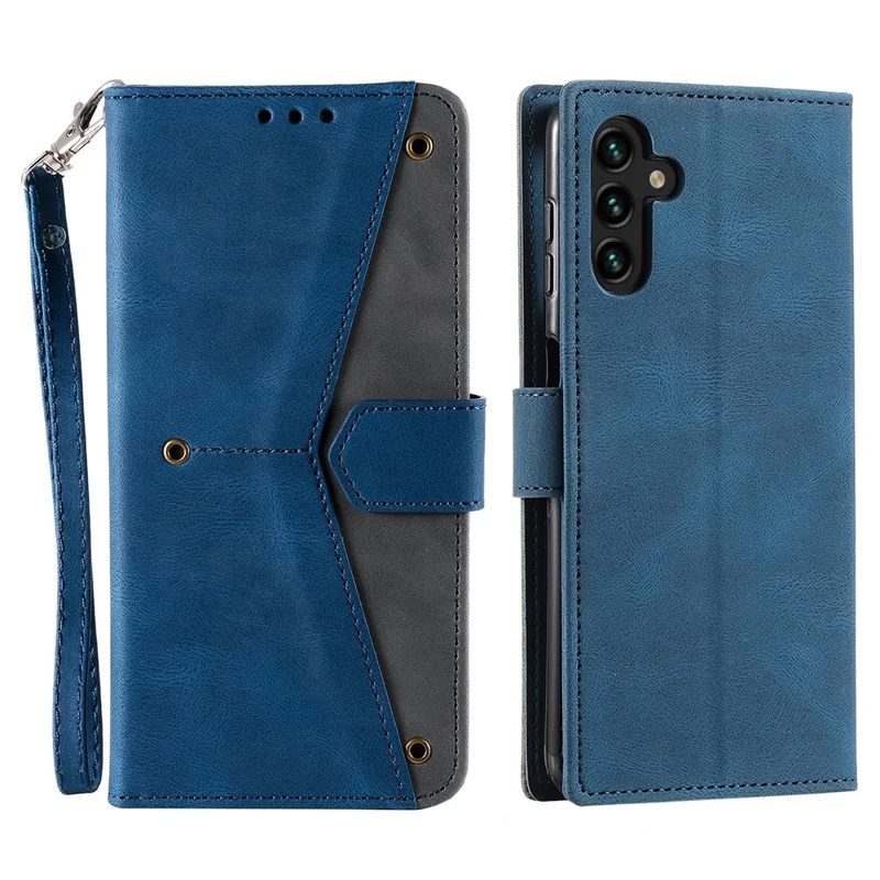 Capa de Couro para Samsung Galaxy A17 com Costura Sobreposta, Carteira e Alça de Pulso - Azul
