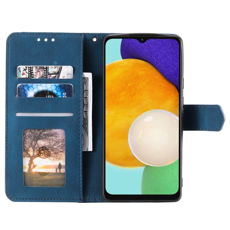 Capa de Couro para Samsung Galaxy A17 com Costura Sobreposta, Carteira e Alça de Pulso - Azul