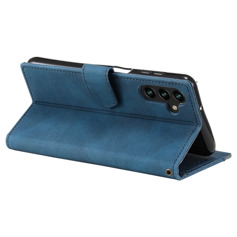 Capa de Couro para Samsung Galaxy A17 com Costura Sobreposta, Carteira e Alça de Pulso - Azul