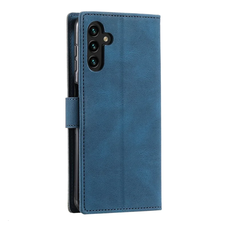 Capa de Couro para Samsung Galaxy A17 com Costura Sobreposta, Carteira e Alça de Pulso - Azul