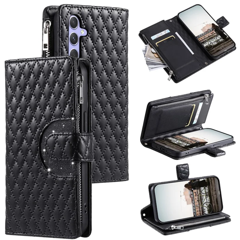Étui pour Samsung Galaxy A17 avec Pochette à Fermeture Éclair, Paillettes et Lanière de Poignet - Noir