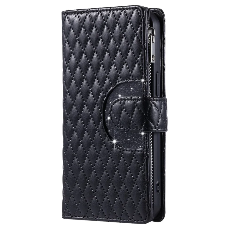 Étui pour Samsung Galaxy A17 avec Pochette à Fermeture Éclair, Paillettes et Lanière de Poignet - Noir