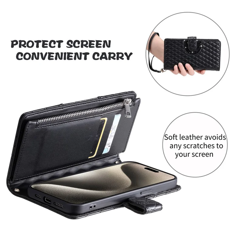 Étui pour Samsung Galaxy A17 avec Pochette à Fermeture Éclair, Paillettes et Lanière de Poignet - Noir