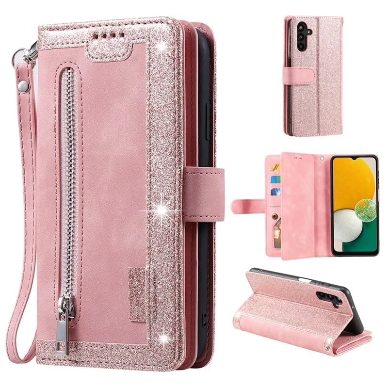 For Samsung Galaxy A17 5G / A26 5G Case 9 Card Slots Zipper Wallet PU Leather Phone Cover with Wrist Strap - Rose Gold