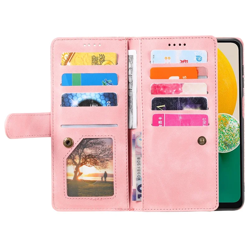For Samsung Galaxy A17 5G / A26 5G Case 9 Card Slots Zipper Wallet PU Leather Phone Cover with Wrist Strap - Rose Gold