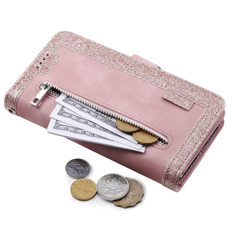 For Samsung Galaxy A17 5G / A26 5G Case 9 Card Slots Zipper Wallet PU Leather Phone Cover with Wrist Strap - Rose Gold