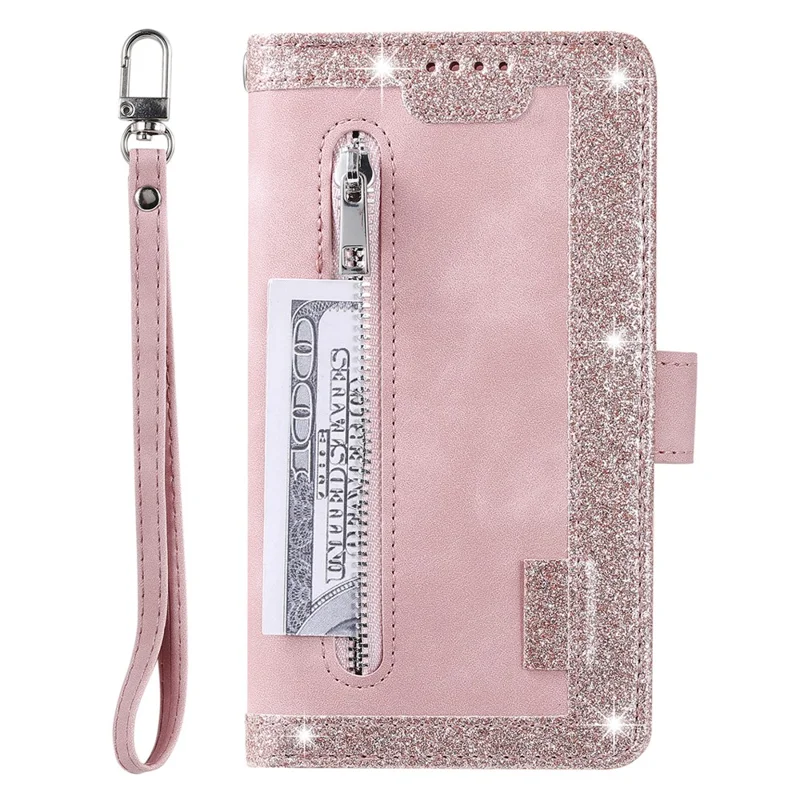 For Samsung Galaxy A17 5G / A26 5G Case 9 Card Slots Zipper Wallet PU Leather Phone Cover with Wrist Strap - Rose Gold